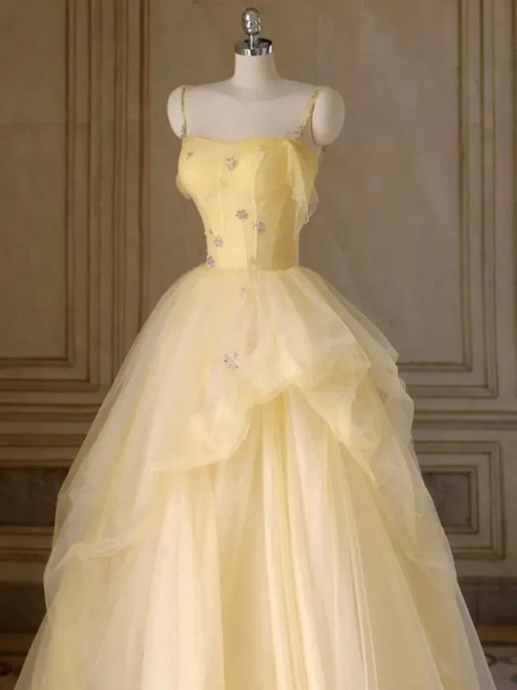 Lovely Ball Gown Spaghetti Strap 3D Flower Yulle Yellow Long Prom Dress