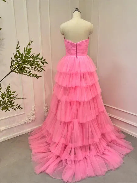 Lovely Ball Gown Strapless Ruched Tiered Ruffle Tulle Pink Long Prom Dress
