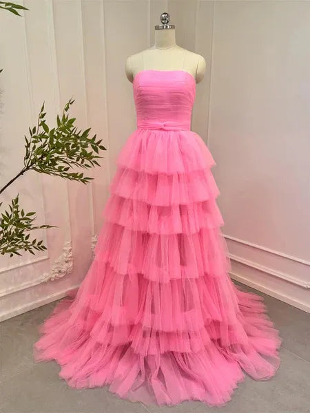 Lovely Ball Gown Strapless Ruched Tiered Ruffle Tulle Pink Long Prom Dress