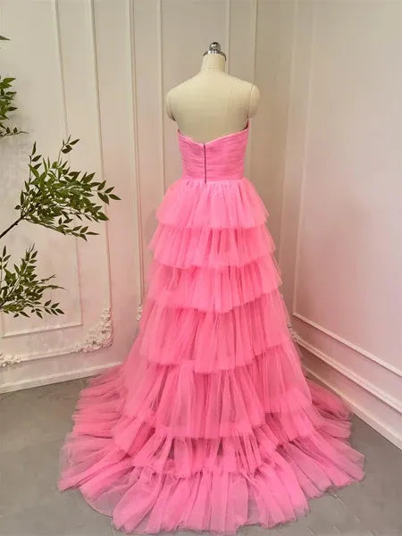 Lovely Ball Gown Strapless Ruched Tiered Ruffle Tulle Pink Long Prom Dress