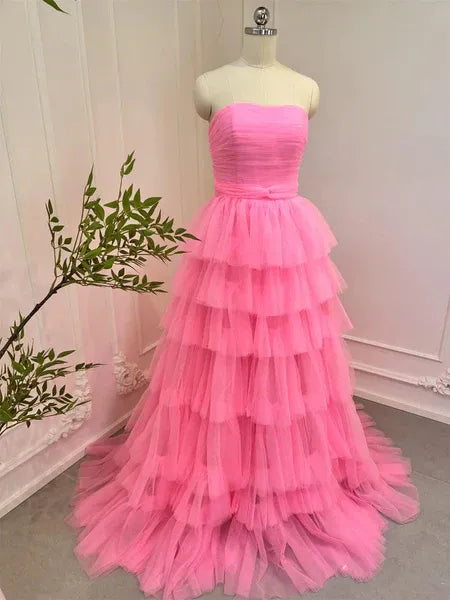 Lovely Ball Gown Strapless Ruched Tiered Ruffle Tulle Pink Long Prom Dress