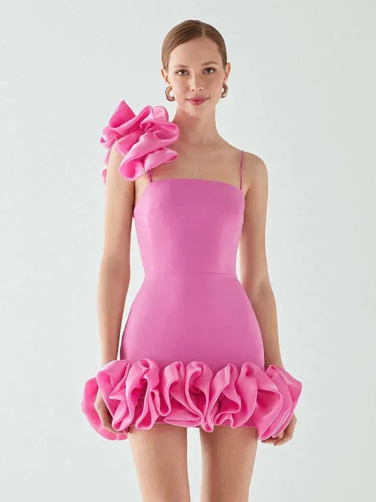 Lovely Bodycon Spaghetti-Strap Ruffle Pink Mini Homecoming Dress For Ladies