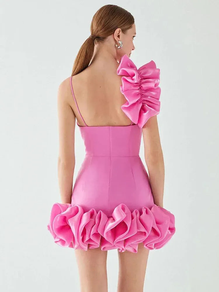 Lovely Bodycon Spaghetti-Strap Ruffle Pink Mini Homecoming Dress For Ladies