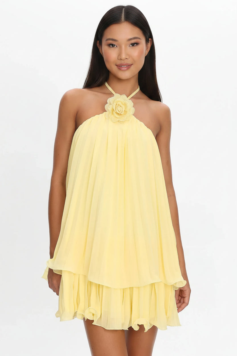 Lovely Halter Neck Tiered Pleated Yellow Short Homecoming Dress With Floral Accent