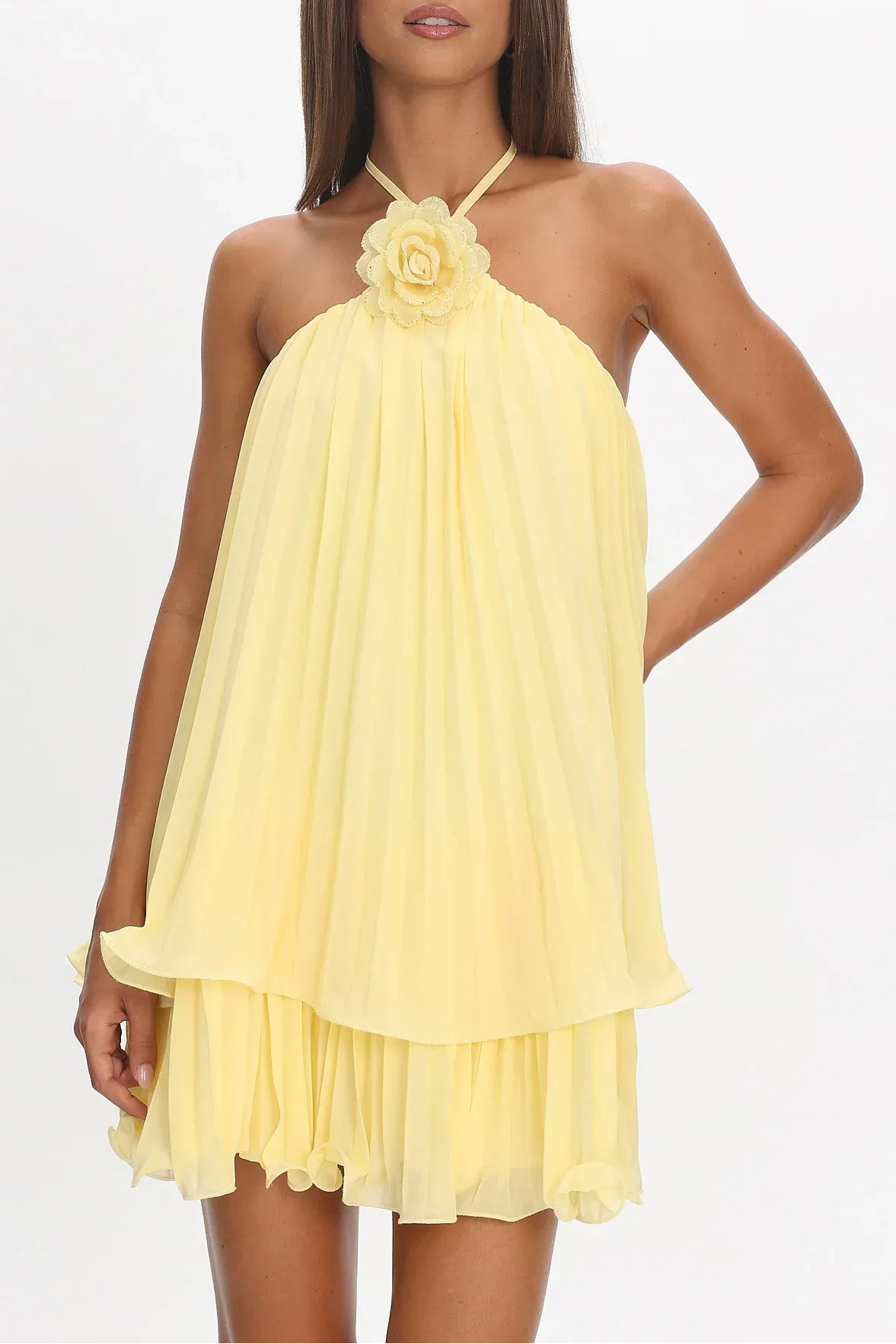 Lovely Halter Neck Tiered Pleated Yellow Short Homecoming Dress With Floral Accent