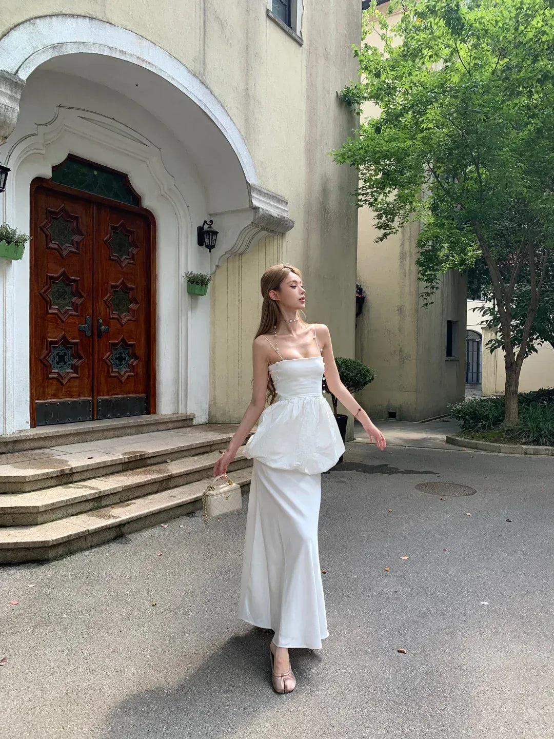 Lovely Mermaid Spaghetti Strap Satin White Prom Dress With Bubble Him