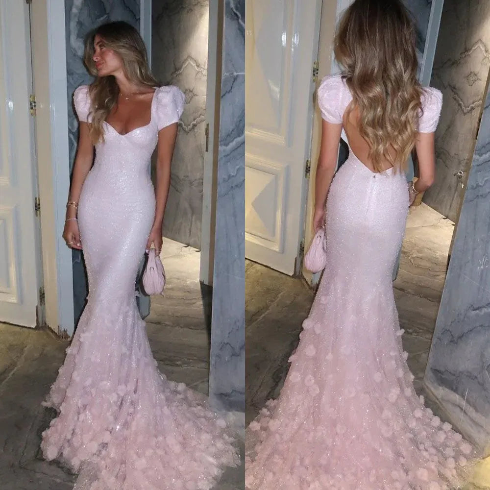 Lovely Mermaid V Neck Puff Sleeve 3D Flower Backless Pink Train Prom Dress