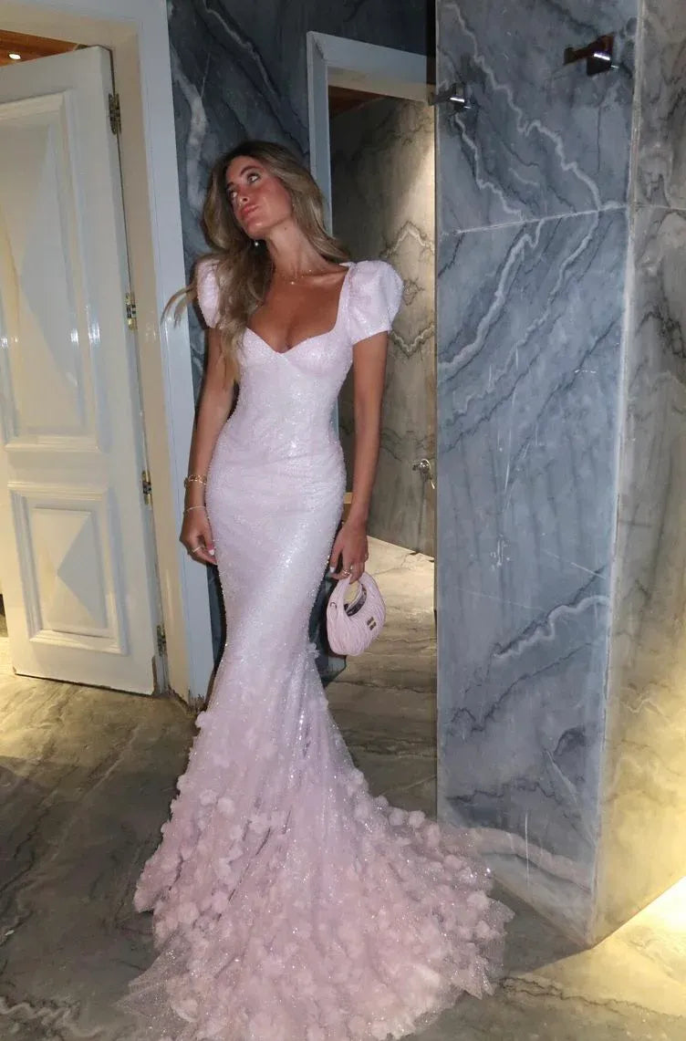 Lovely Mermaid V Neck Puff Sleeve 3D Flower Backless Pink Train Prom Dress