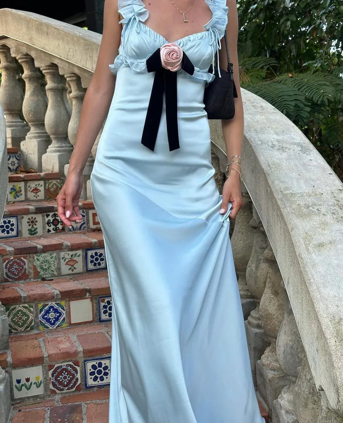 Lovely Mermaid V Neck Ruffled Strap Flower Satin Light Blue Long Prom Dress