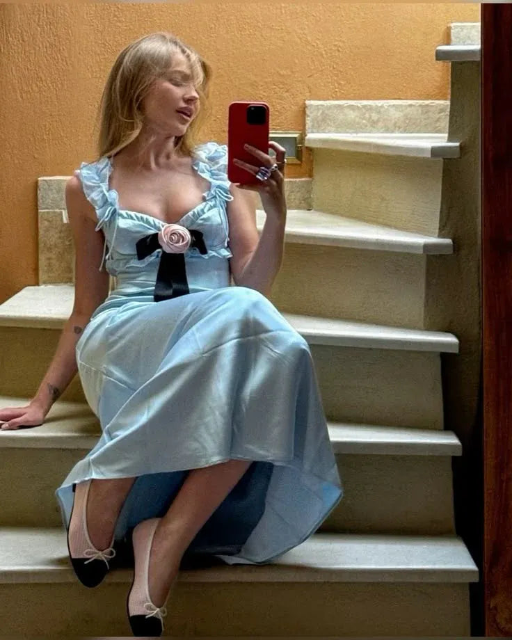 Lovely Mermaid V Neck Ruffled Strap Flower Satin Light Blue Long Prom Dress
