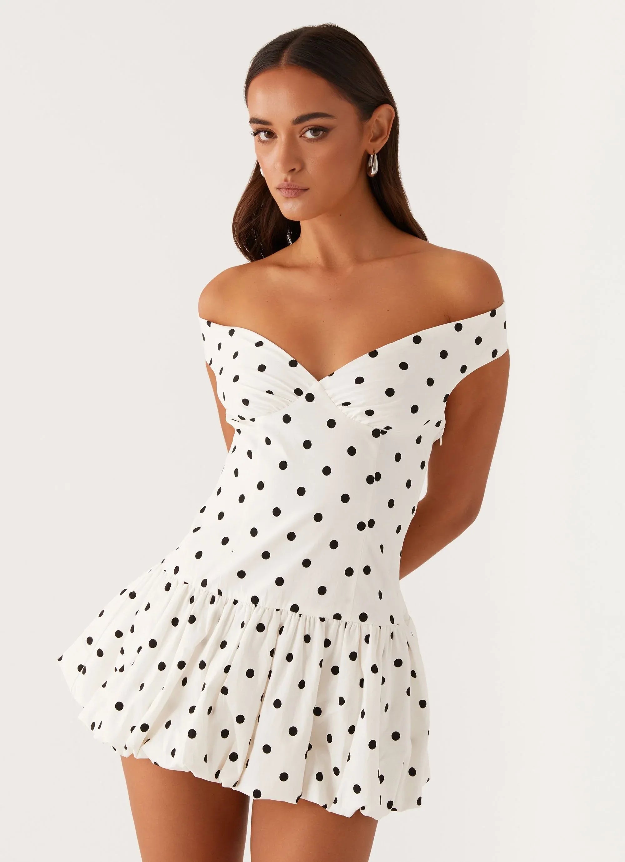 Lovely Off-Shoulder Polka Dot White Short Homecoming Dress With Bubble Hem
