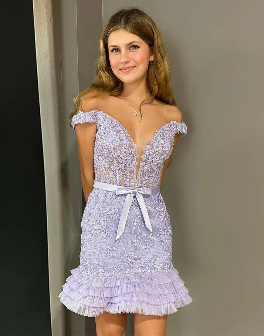 Lovely Off The Shoulder Tight Applique Lace Lilac Homecoming Dress With Belt