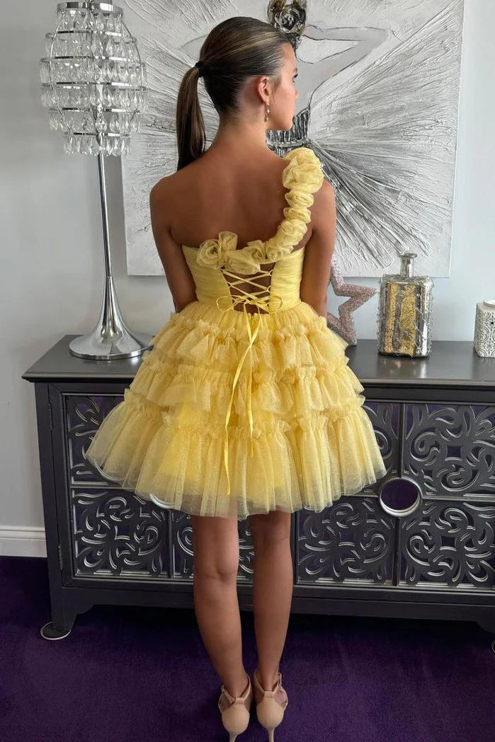 Lovely One Shoulder Flowers Lace Up Tulle Yellow Short Homecoming Dress