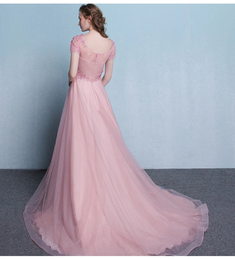 Lovely Round Neck Short Sleeves Lace Applique Tulle Pink Long Prom Dress