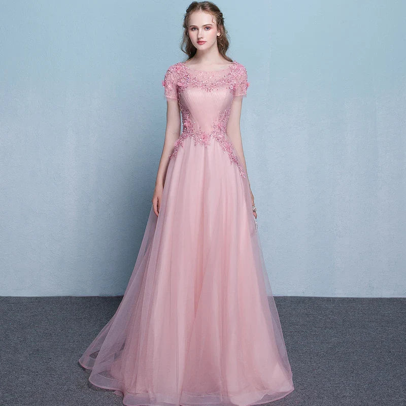 Lovely Round Neck Short Sleeves Lace Applique Tulle Pink Long Prom Dress