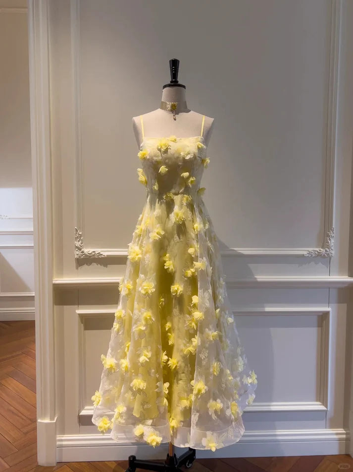 Lovely Spaghetti Strap Floral Chiffon Yellow Long Party Dress