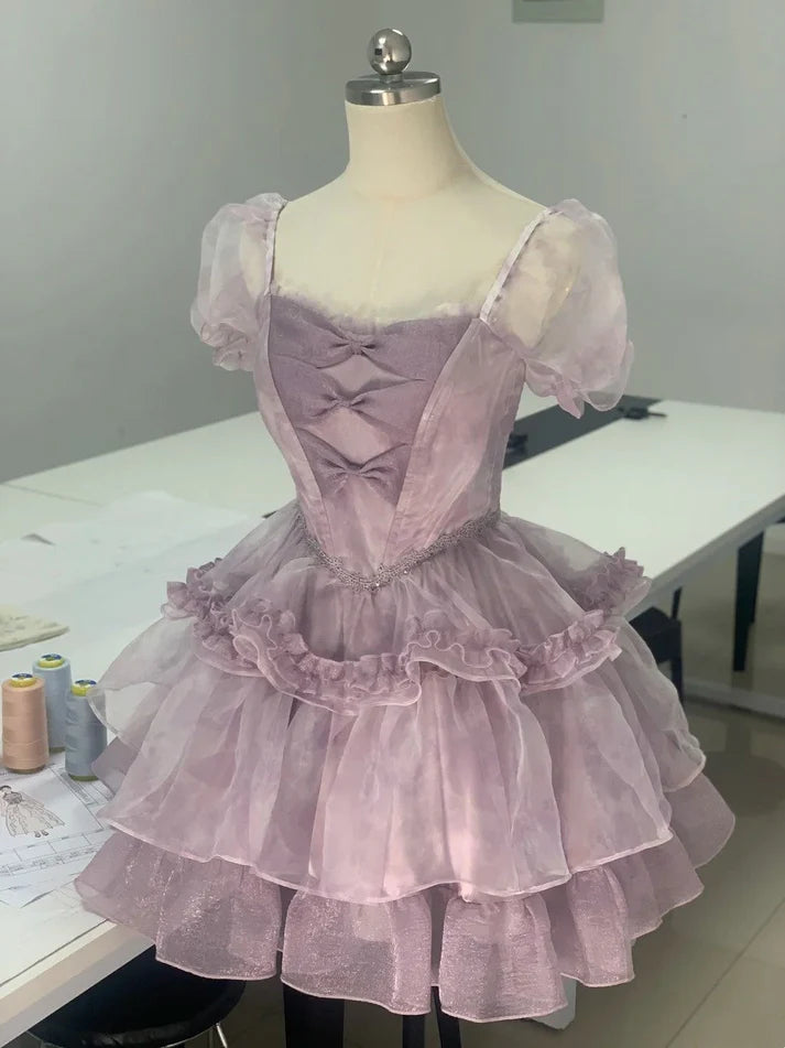 Lovely Square Neck Flower Chiffon Purple Short Homecoming Dress Party Dress
