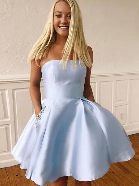 Lovely Strapless Beaded Satin Light Blue Short Homecoming Dress With Pocket