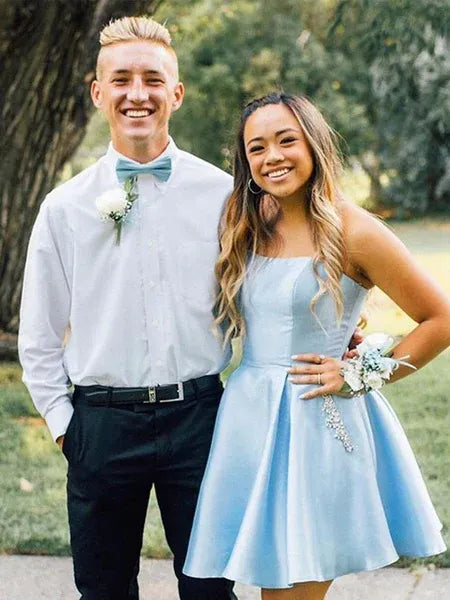 Lovely Strapless Beaded Satin Light Blue Short Homecoming Dress With Pocket