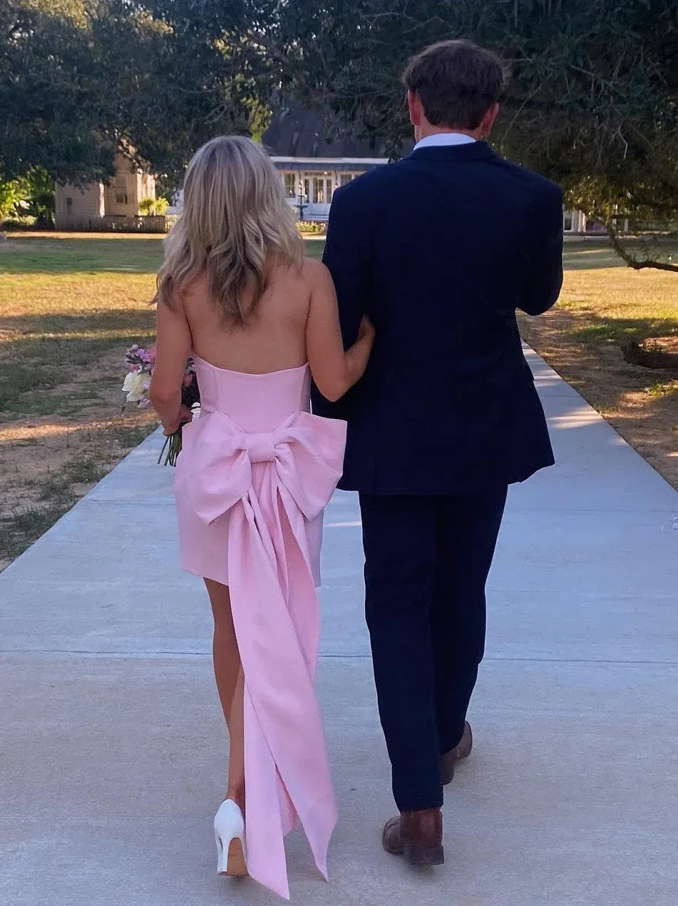 Lovely Strapless Sweetheart Satin Pink Short Homecoming Dress With Bow Back