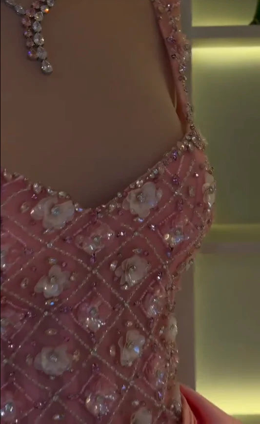 Lovely V Neck Beaded Applique Pink Long Evening Dress Prom Dress