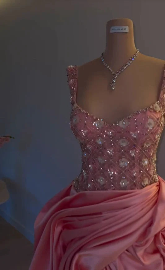 Lovely V Neck Beaded Applique Pink Long Evening Dress Prom Dress