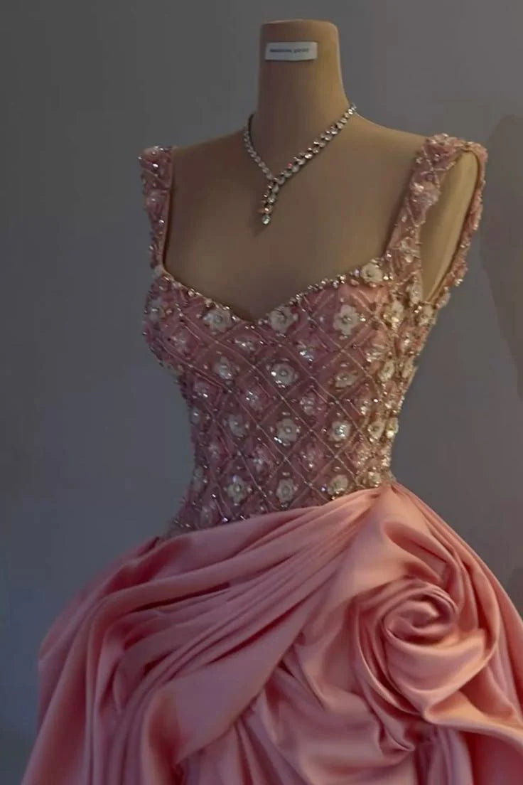 Lovely V Neck Beaded Applique Pink Long Evening Dress Prom Dress