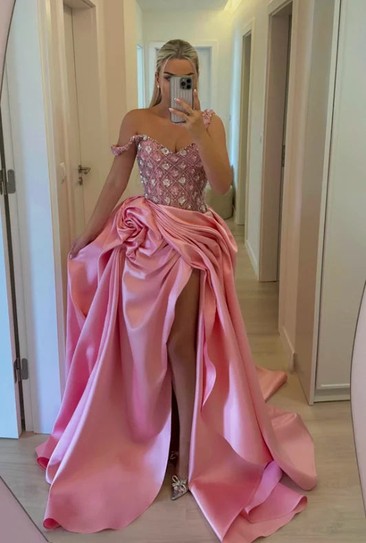 Lovely V Neck Beaded Applique Pink Long Evening Dress Prom Dress