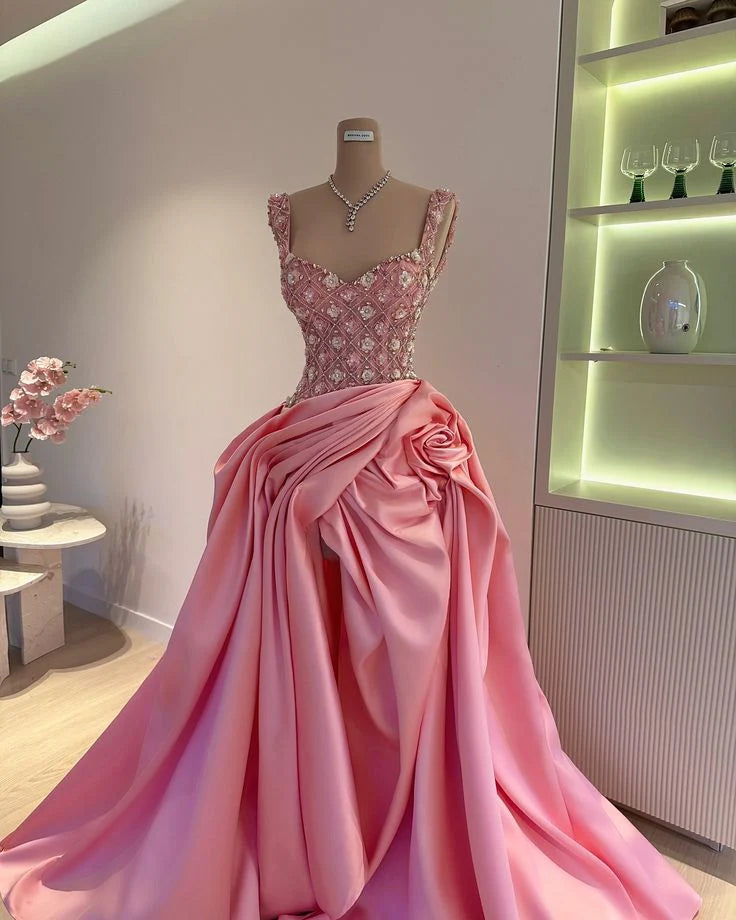 Lovely V Neck Beaded Applique Pink Long Evening Dress Prom Dress
