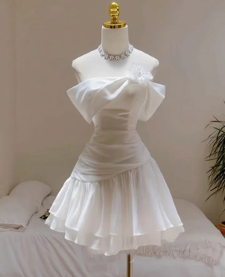 Lovely A-Line Off-Shoulder Draped Tiered Ruffled White Short Homecoming Dresses
