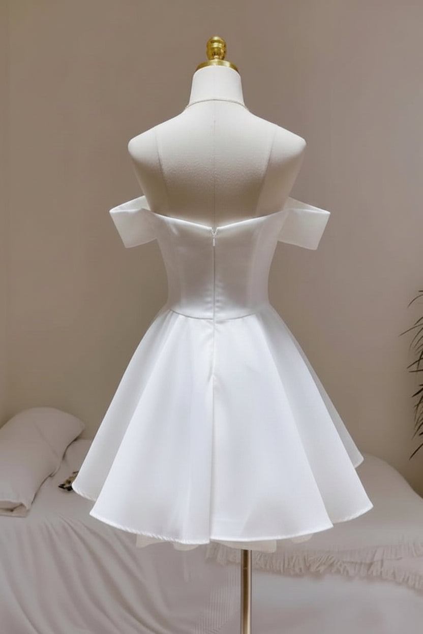 Lovely A-Line Off-Shoulder Draped Tiered Ruffled White Short Homecoming Dresses