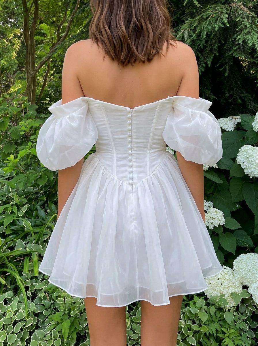 Lovely A-Line Off-Shoulder Sweetheart Puffy Corset White Short Homecoming Dress