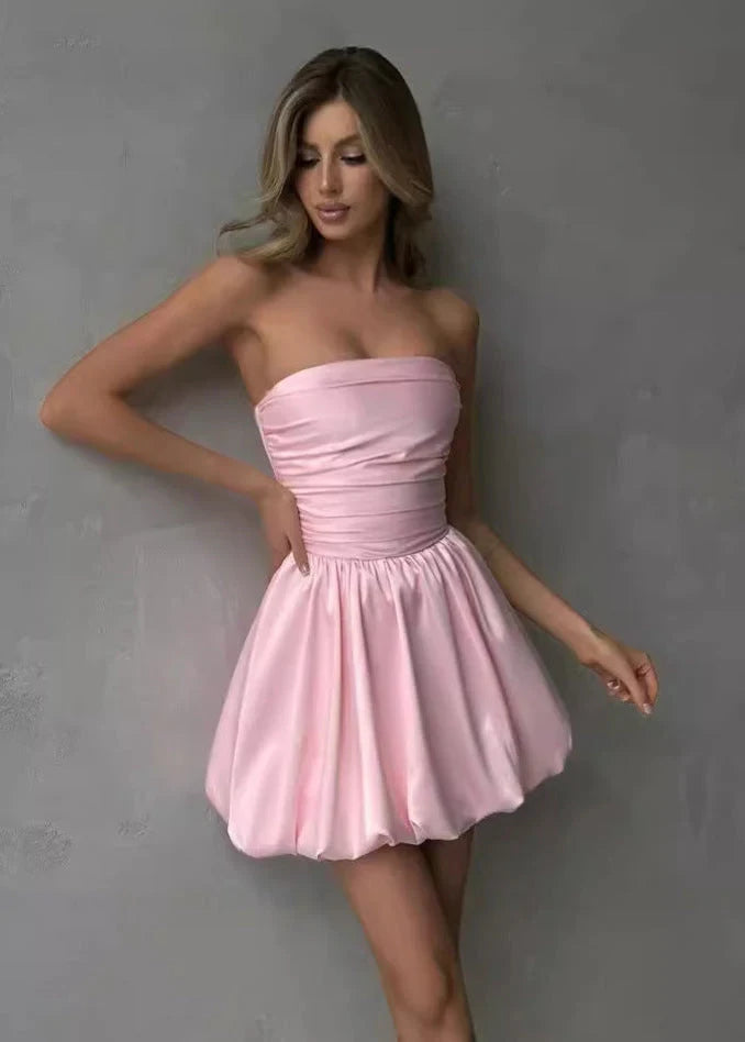 Lovely Strapless Ruched Satin Pink Mini Homecoming Dress With Bubble Hem