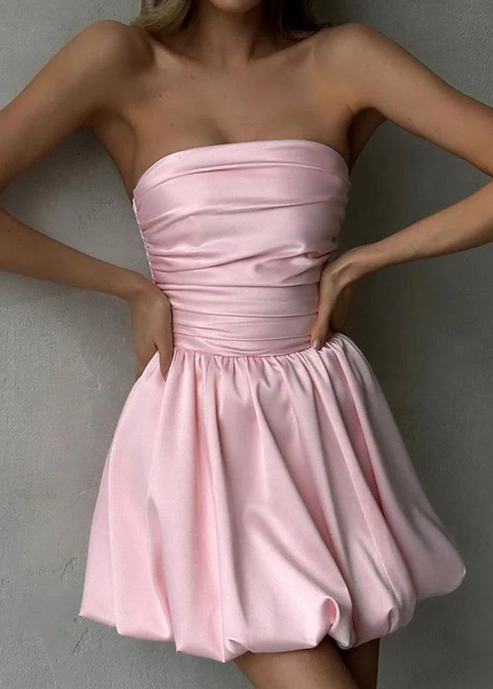 Lovely Strapless Ruched Satin Pink Mini Homecoming Dress With Bubble Hem