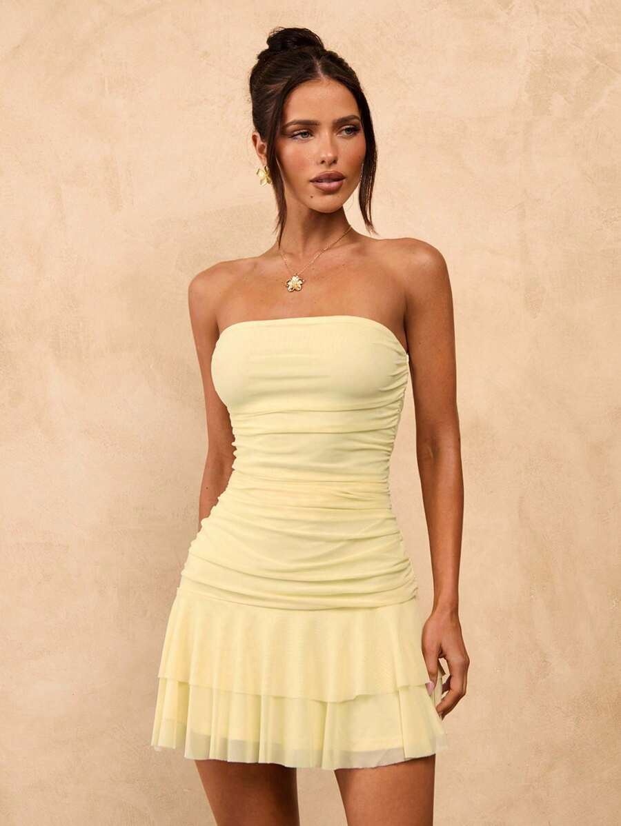Lovely Strapless Sleeveless Ruched Tiered Ruffle Light Yellow Mini Homecoming Dress