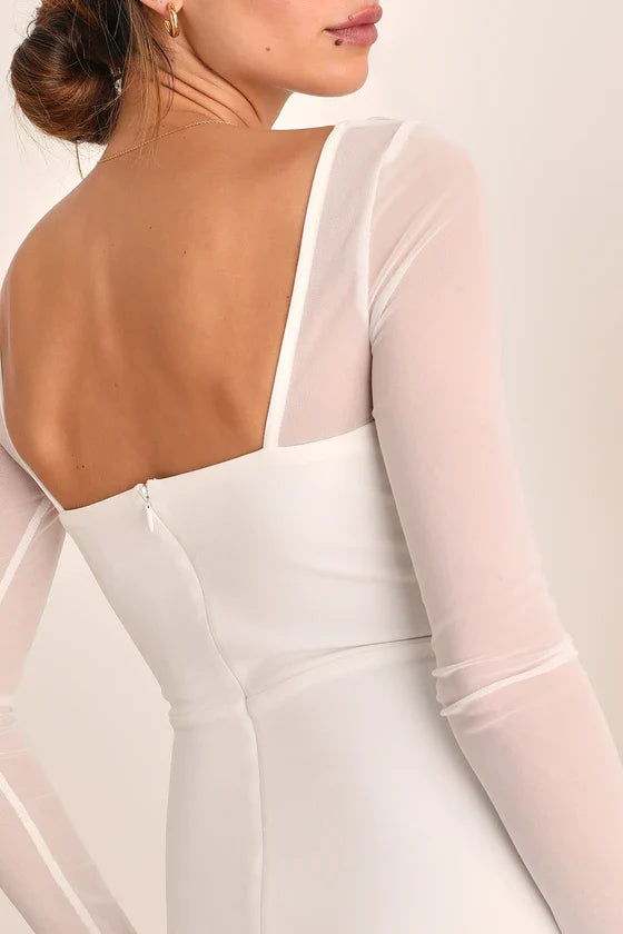 Lovingly Yours Square Neck White Mesh Long Sleeve Wedding Dress With Floor Length