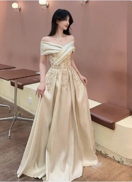 Luminous Ballgown Off-Shoulder Sleeveless Embellished Champagne Long Prom Dress for Women Ready to Ship