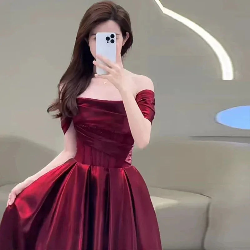 Luminous Ballgown Off-the-Shoulder Short-Sleeve Ruched Burgundy Maxi Prom Dress for Women hot sale