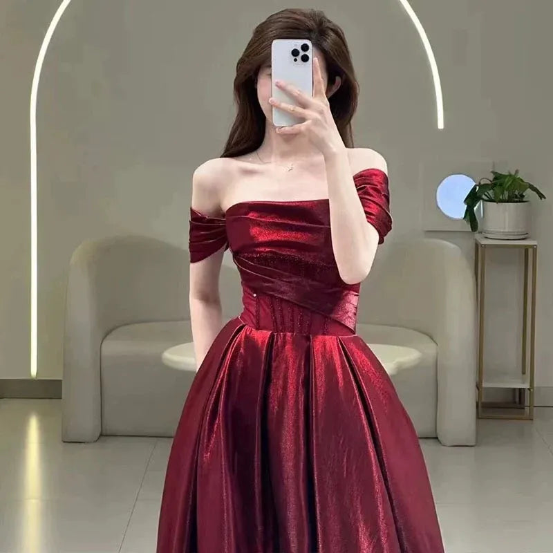 Luminous Ballgown Off-the-Shoulder Short-Sleeve Ruched Burgundy Maxi Prom Dress for Women hot sale