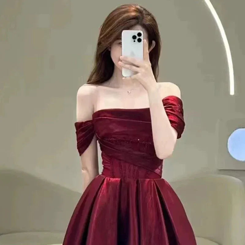 Luminous Ballgown Off-the-Shoulder Short-Sleeve Ruched Burgundy Maxi Prom Dress for Women hot sale
