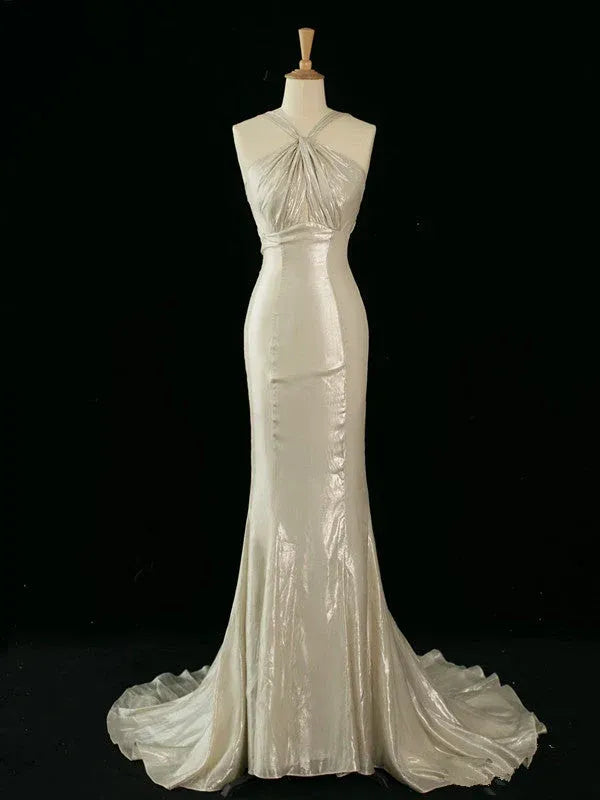 Luminous Mermaid Halter-Neck Sleeveless Ruched Satin Ivory Floor-Length Evening Dress for Women