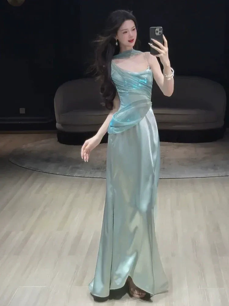 Luminous Mermaid Halter Neck Sleeveless Draped Satin Mint Green Maxi Prom Dress