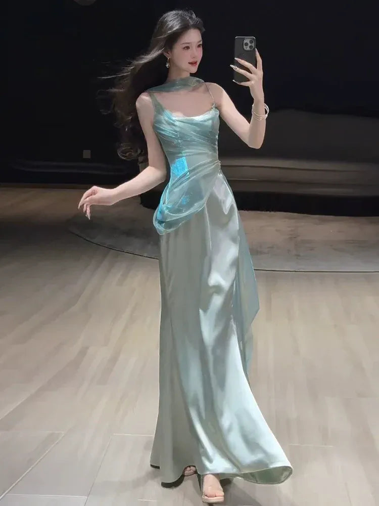 Luminous Mermaid Halter Neck Sleeveless Draped Satin Mint Green Maxi Prom Dress