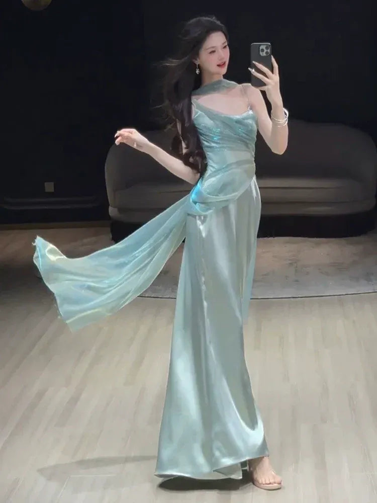 Luminous Mermaid Halter Neck Sleeveless Draped Satin Mint Green Maxi Prom Dress