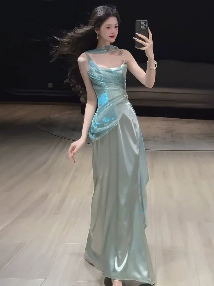 Luminous Mermaid Halter Neck Sleeveless Draped Satin Mint Green Maxi Prom Dress