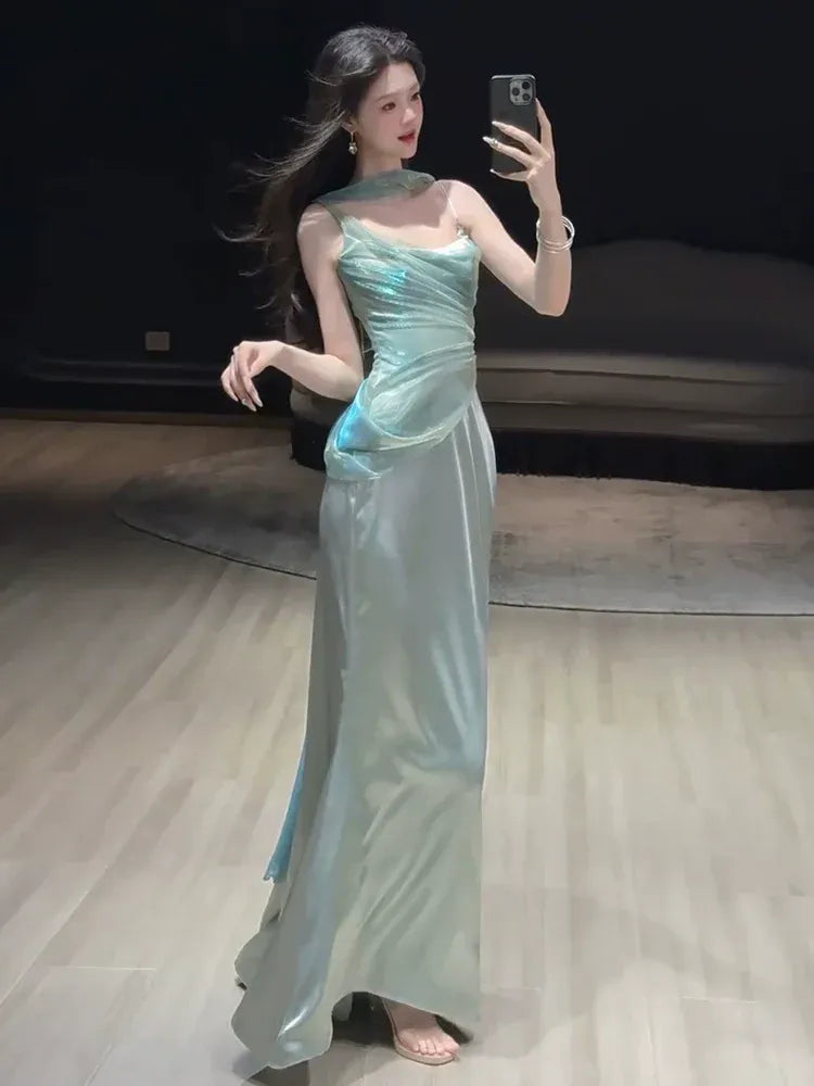 Luminous Mermaid Halter Neck Sleeveless Draped Satin Mint Green Maxi Prom Dress