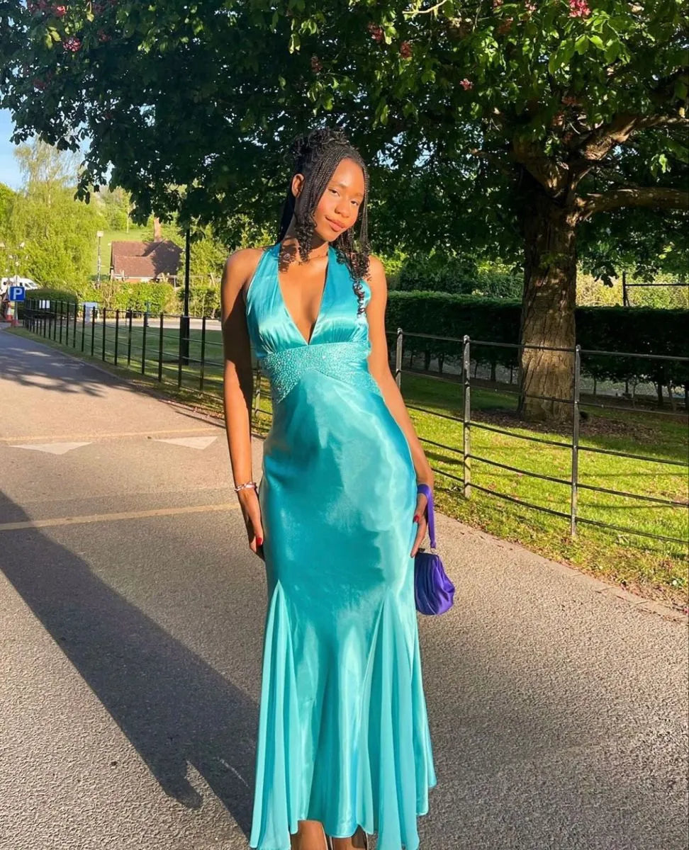 Luminous Mermaid Halter Neck Sleeveless Embellished Satin Turquoise Maxi Evening Dress