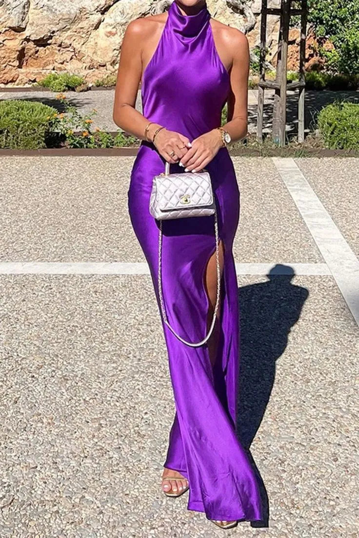 Lustrous Satin Floor-Length Evening Dress Purple Halter Sleeveless for Women