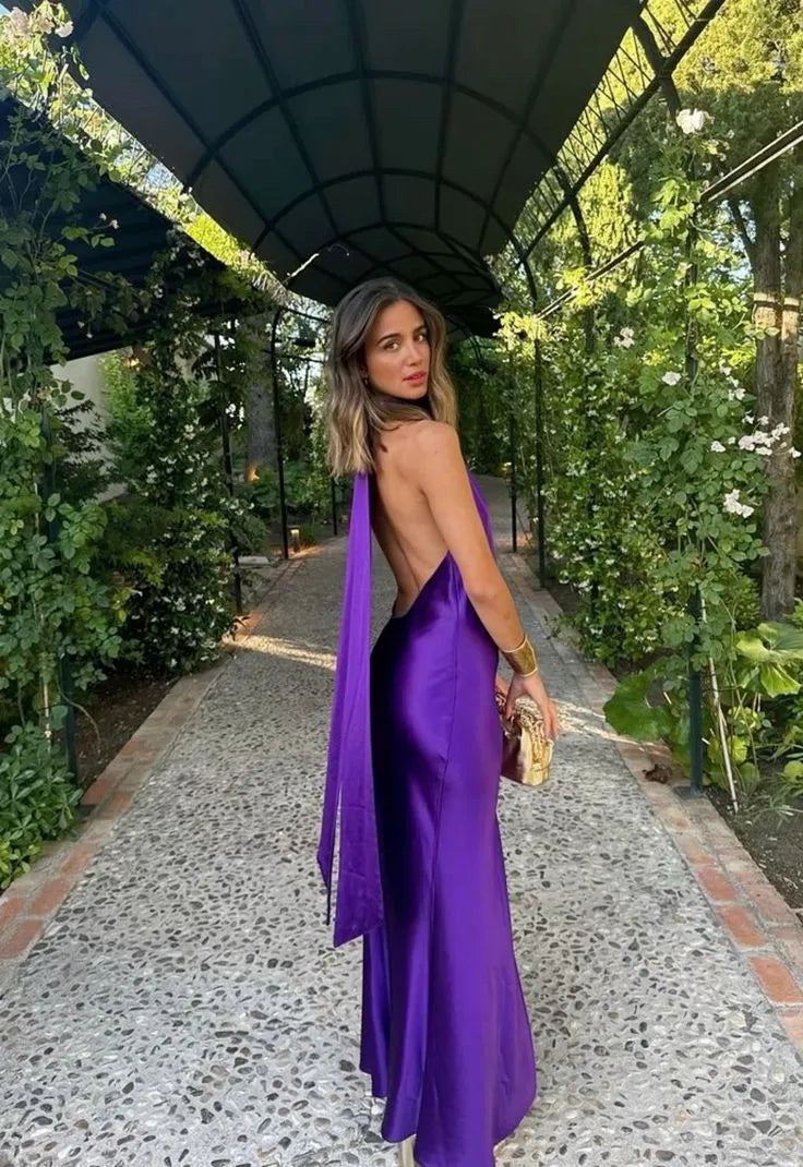 Lustrous Satin Floor-Length Evening Dress Purple Halter Sleeveless for Women