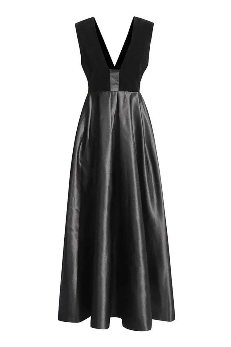Luxe A-Line Deep-V Sleeveless Velvet-Satin Black Midi Evening Dress for Women